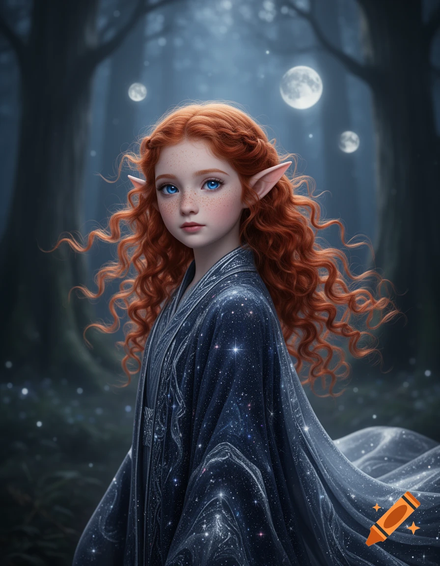 A red-haired astral elf girl with blue eyes and freckles wears a starry cloak in a moonlit forest with large trees.