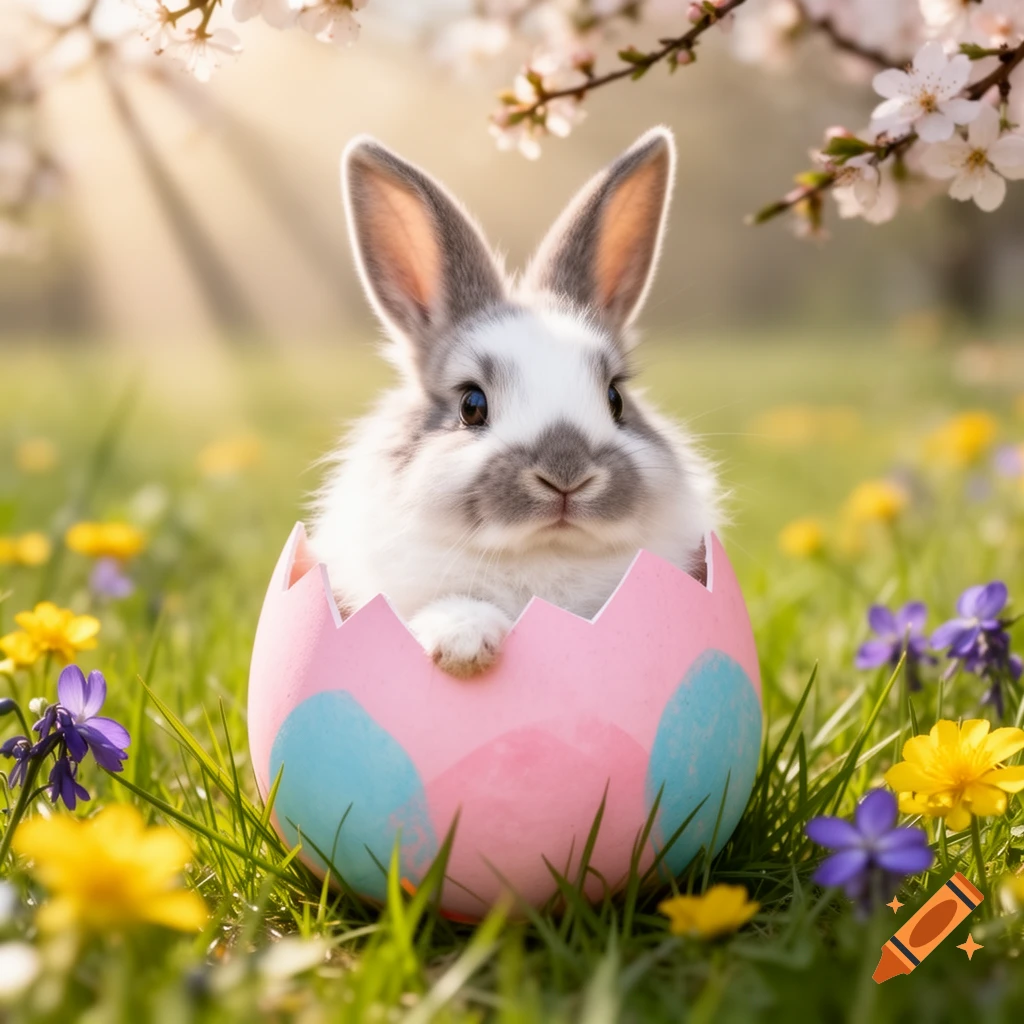 A fluffy white and gray bunny sits inside a cracked pink and blue Easter egg in a sunny grassy field with yellow and purple flowers.