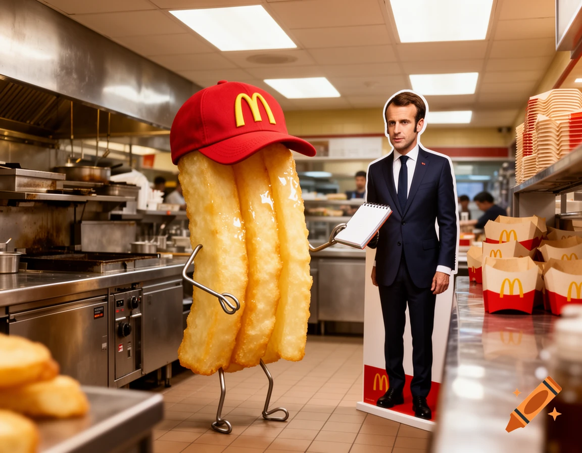 An anthropomorphic french fry wearing a red McDonald's cap and holding a notepad stands next to a cardboard cutout of Emmanuel Macron in a McDonald's kitchen.