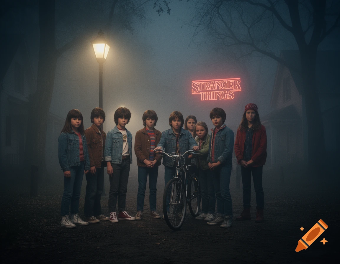 A group of children from Stranger Things standing in a foggy street at night under a glowing neon sign.