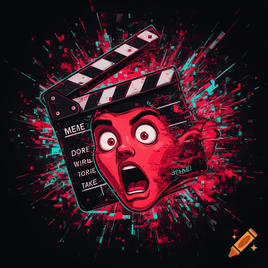 A shocked red cartoon face emerging from a film clapper board, against a chaotic neon red and cyan glitch art background.