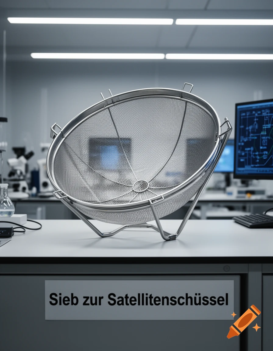 A large metal kitchen sieve, designed like a satellite dish, sits on a white laboratory table.