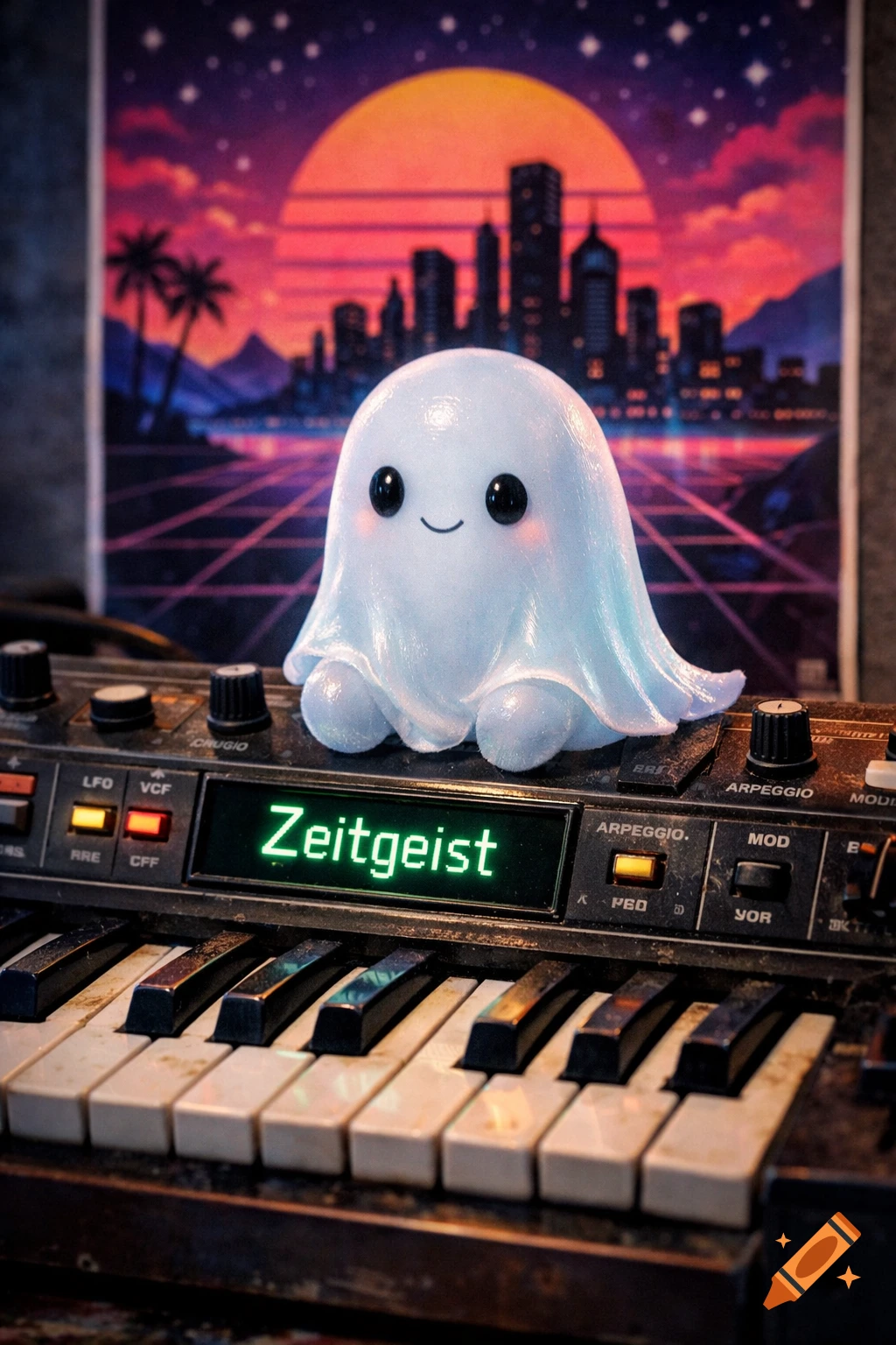 A cute, smiling white ghost character sits on a dusty synthesizer displaying 'Zeitgeist' with an 80s synthwave cityscape background.