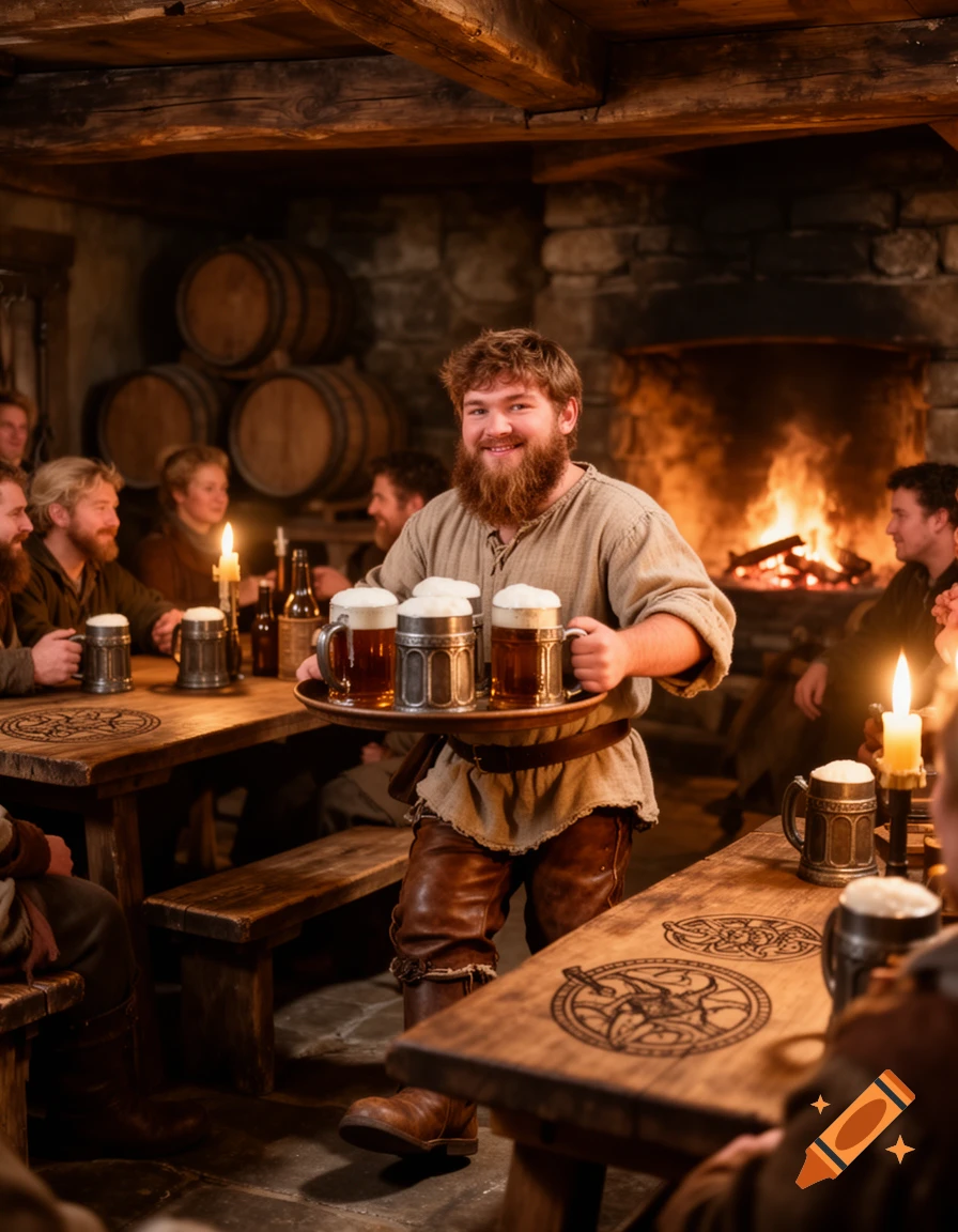 A bearded man in a medieval-style tavern smiles while carrying a tray of beer steins past patrons sitting by a fireplace.