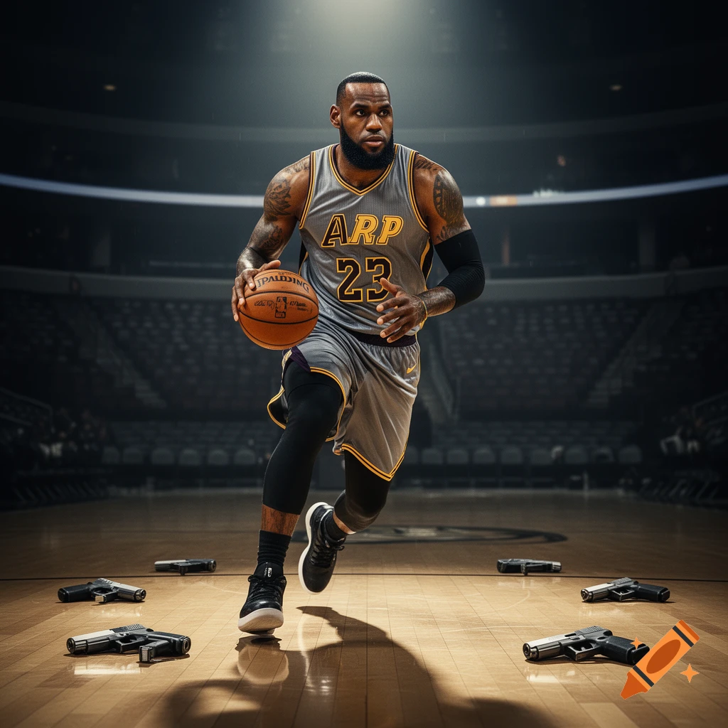 LeBron James dribbles a basketball on a court, wearing a grey jersey with "ARP 23" and surrounded by pistols on the floor.