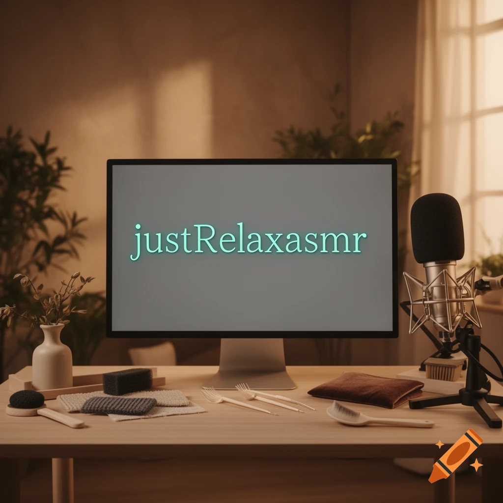 A dimly lit ASMR or podcasting setup with a monitor displaying "justRelaxasmr", a microphone, and tactile objects on a desk.