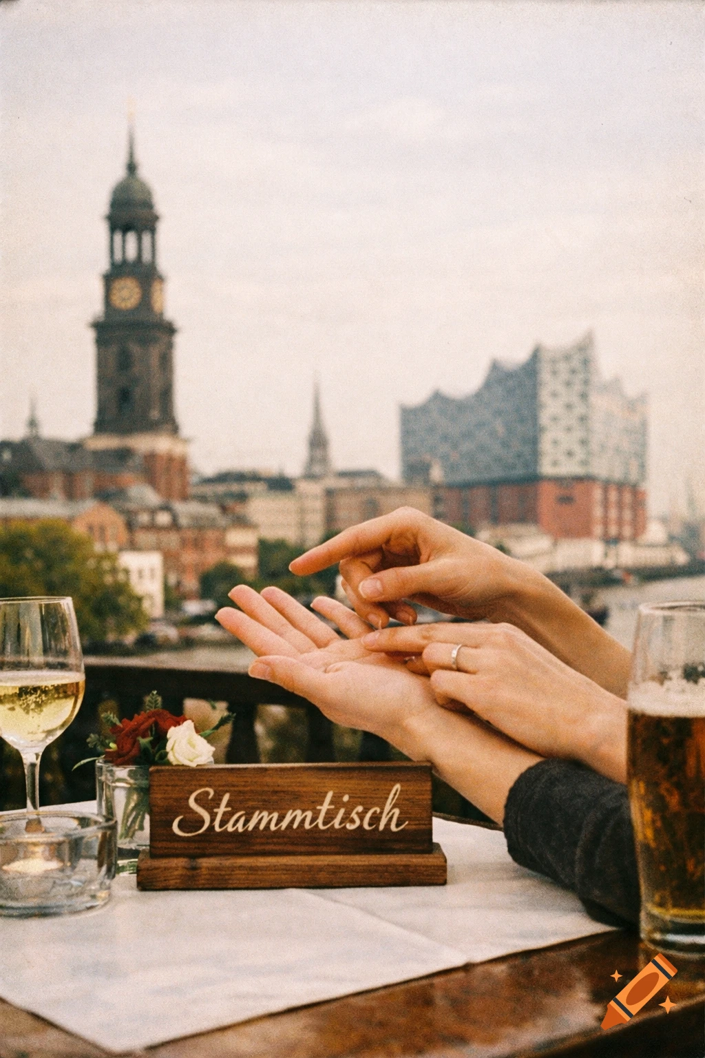 Two hands on a table with a 'Stammtisch' sign and drinks, overlooking a Hamburg cityscape with the Michel and Elbphilharmonie.