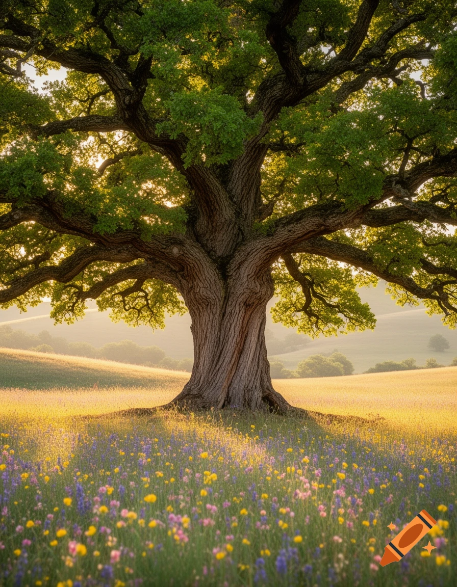 A majestic, old tree with a massive trunk and lush green leaves stands in a sunlit meadow filled with colorful wildflowers.