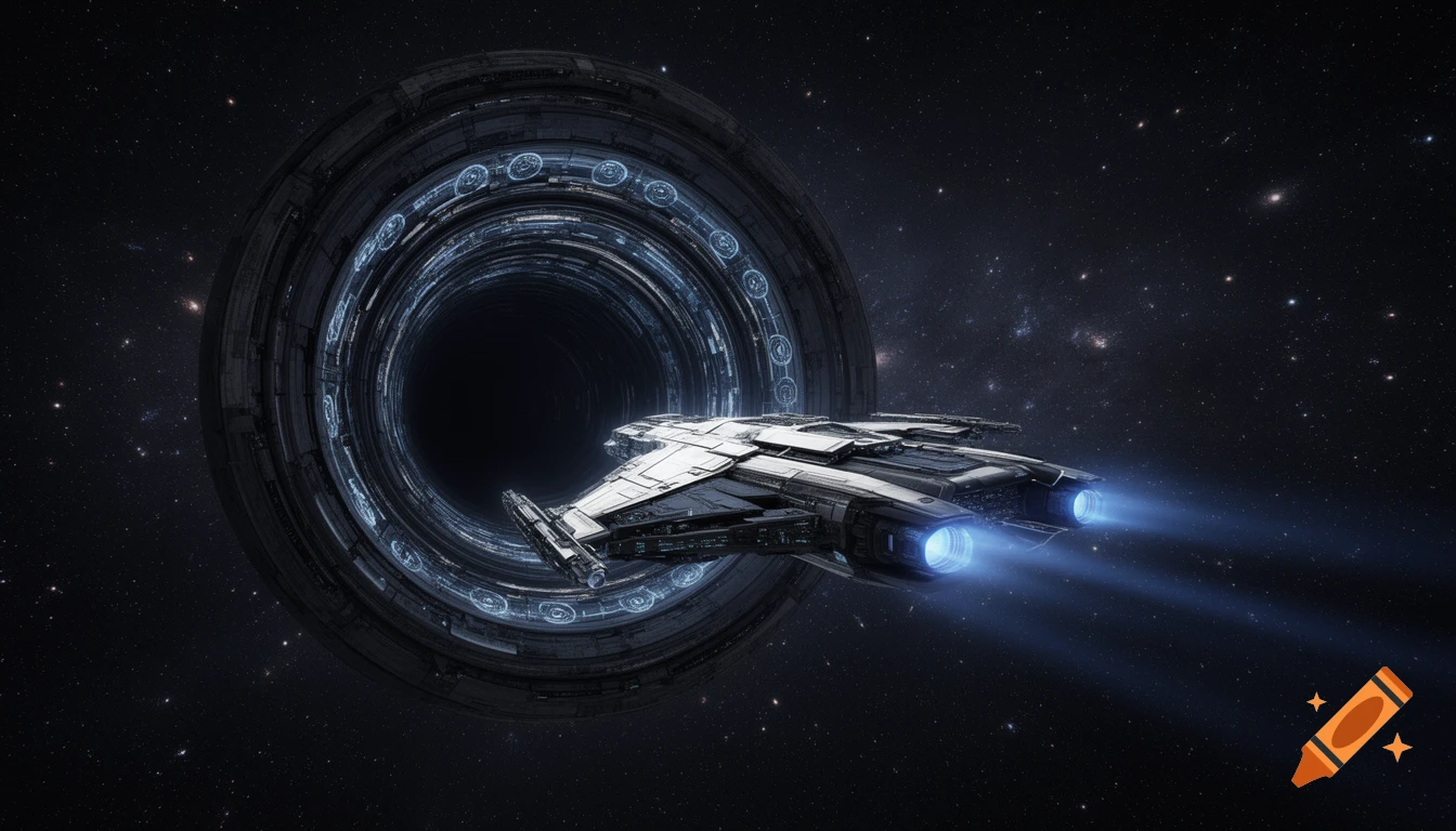 A detailed spaceship with blue thrusters exits a dark, circular tunnel-like structure into a starry night sky.