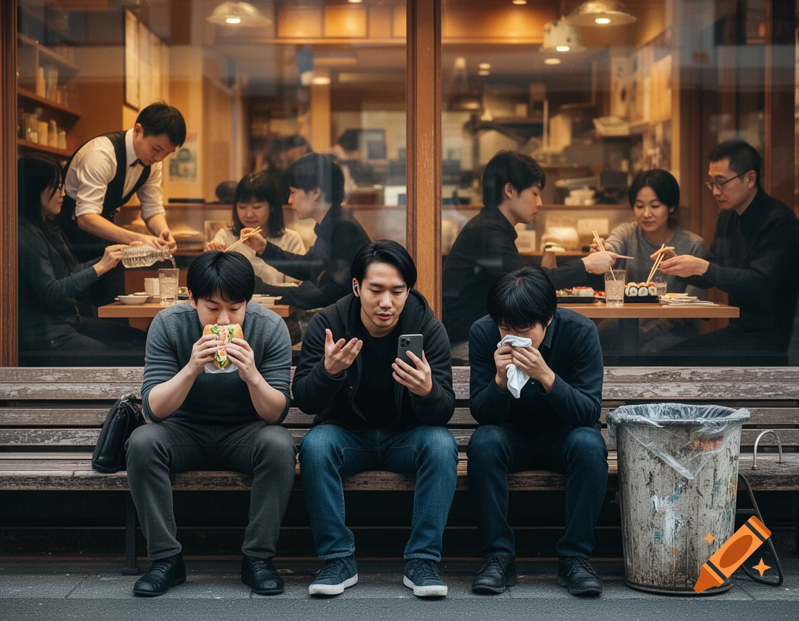 Three Japanese men sit on a bench outside a restaurant. One eats a sandwich, another looks at his phone, and the third wipes his nose. A dirty trash can sits beside them.