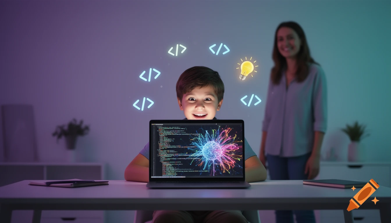 A happy child looks with wonder at a laptop displaying colorful code and AI visuals, surrounded by glowing tech icons, with a smiling parent in the background.