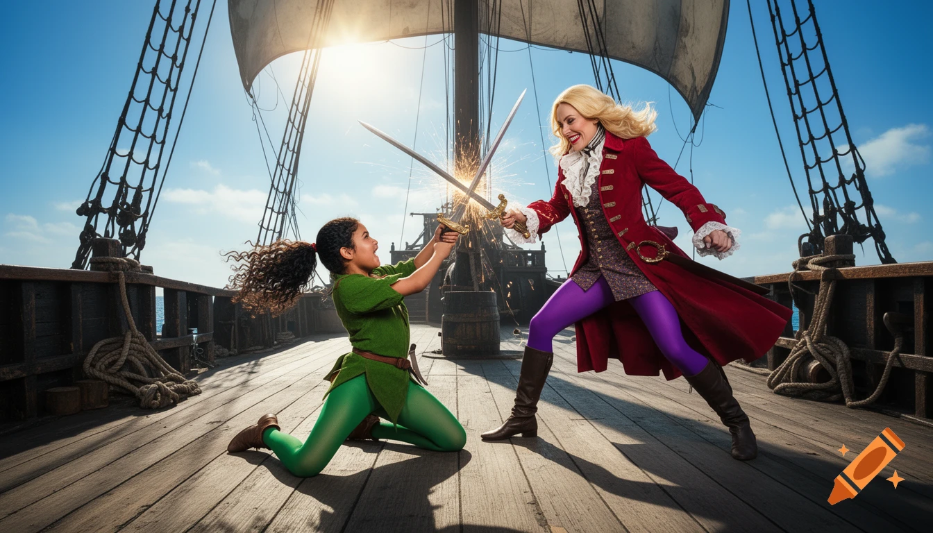 Photorealistic depiction of an Arab teenage Peter Pan dueling Captain Hook with swords on a pirate ship at daytime.