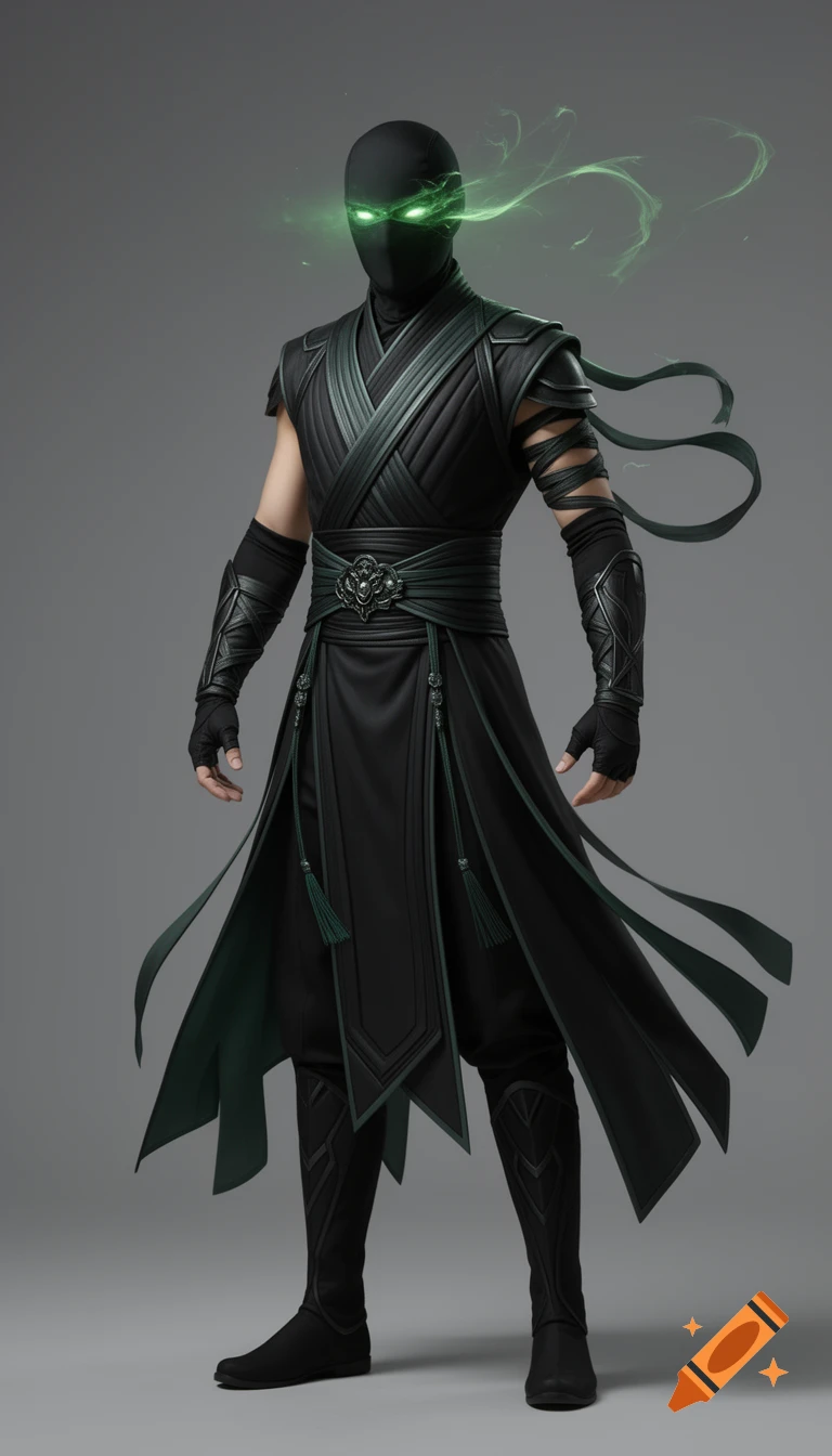 A masked vigilante in a black and green wuxia-inspired outfit with glowing green eyes, in a semi-realistic concept art style.