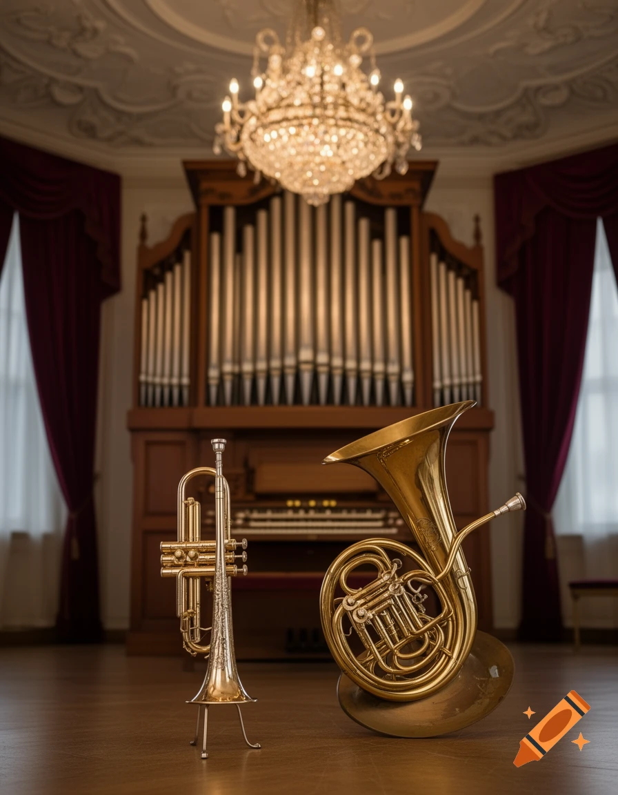 A trumpet and a French horn on a wooden floor in a grand room with an organ, chandelier, and red curtains.