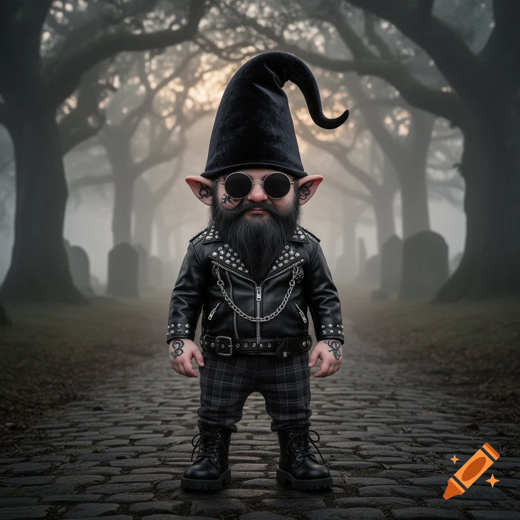 A goth gnome wearing a black pointy hat, sunglasses, and a studded leather jacket stands in a foggy cemetery.