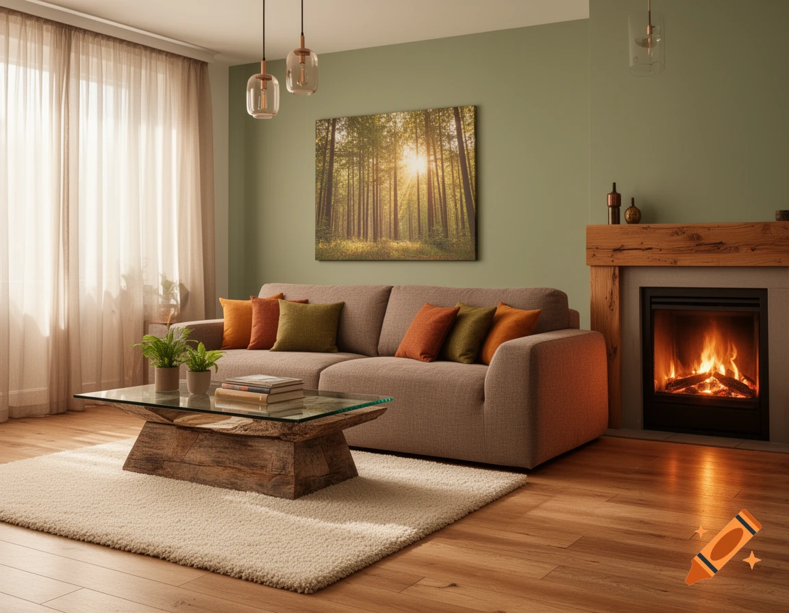 A cozy living room with a light brown sofa, glass-top coffee table, fireplace, and a forest painting on a green wall.
