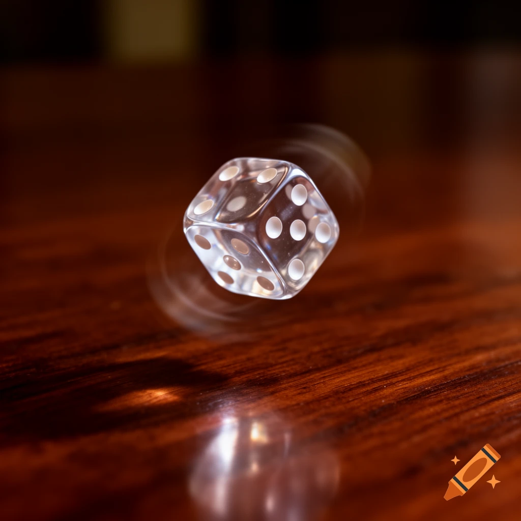 A clear plastic die with white pips spinning on a dark wooden table, depicted with motion blur.