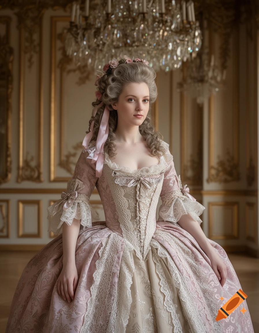 A young woman in an elaborate pink and cream rococo gown stands in a grand, opulent room with a chandelier.