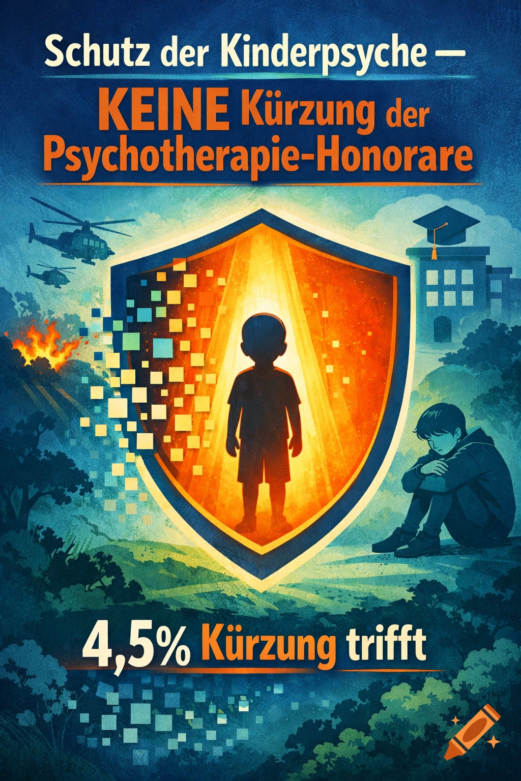 Stylized poster advocating for child psychotherapy, featuring a child silhouette in a glowing shield, a distressed teenager, and German text.