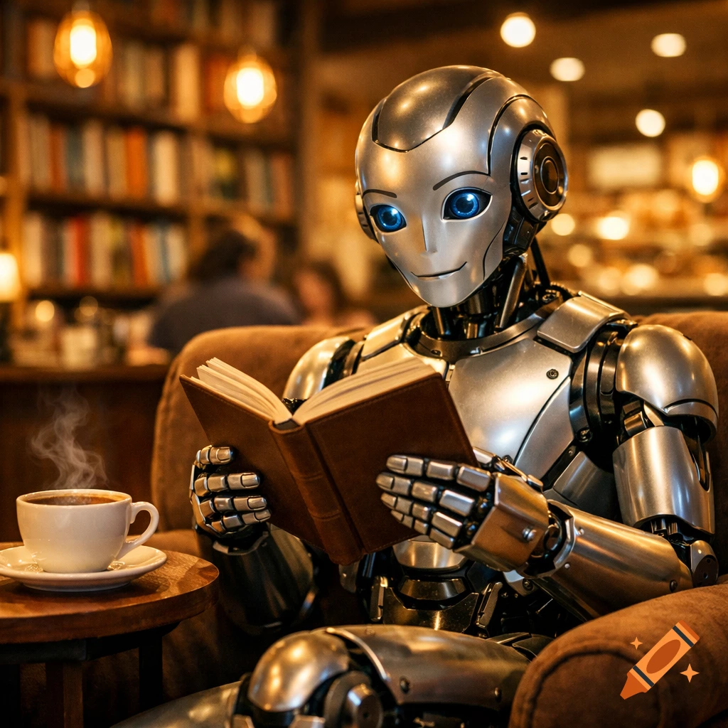Photorealistic image of a friendly robot with blue eyes sitting in a cozy coffee shop, reading a book next to a steaming cup of coffee.