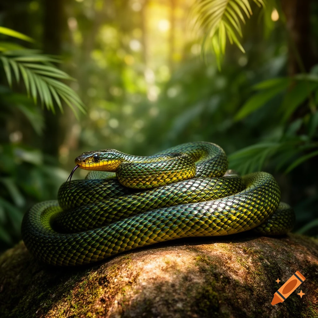 A green and yellow snake coiled on a mossy rock in a lush, sunlit jungle, flicking its tongue.