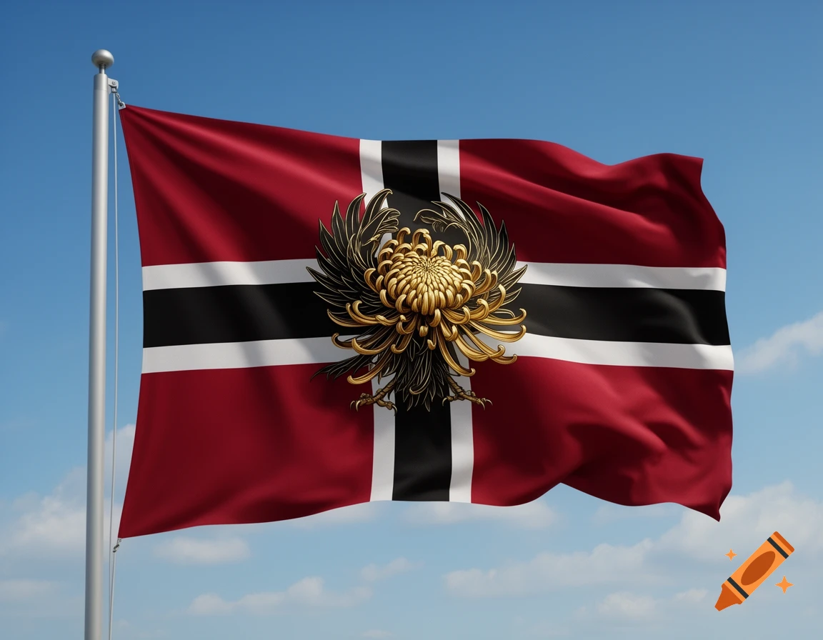 A deep crimson flag with a black-and-white Nordic cross and a gold-trimmed chrysanthemum-raven emblem against a blue sky.