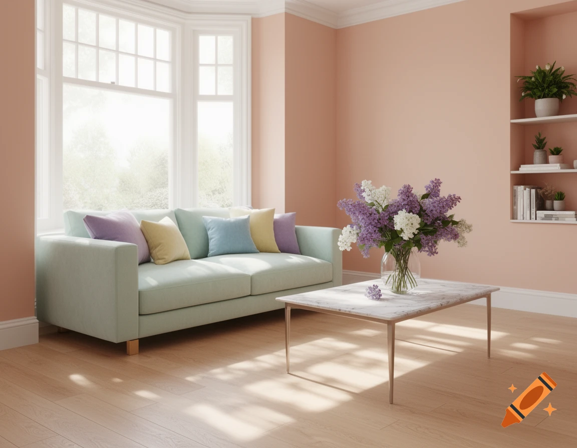 A bright, photorealistic living room with peach walls, a light green sofa with pastel pillows, a marble coffee table with flowers, and large windows.