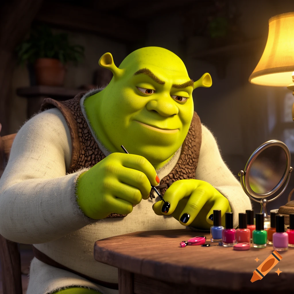 Shrek concentrating intently, painting his fingernails black and red at a wooden table with many bottles of nail polish.
