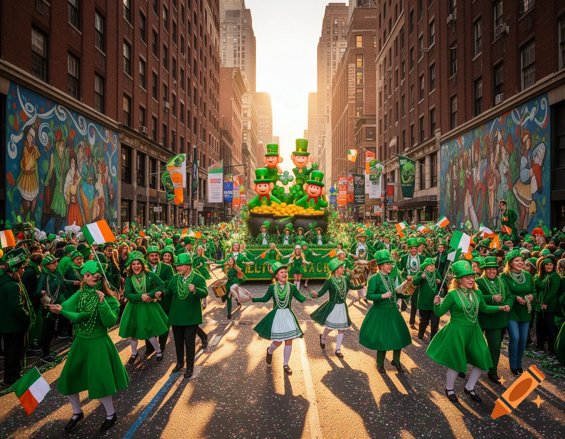 A vibrant Saint Patrick's Day parade with a large crowd in green outfits, some holding Irish flags, marching down a city street with a leprechaun float under a bright sky.