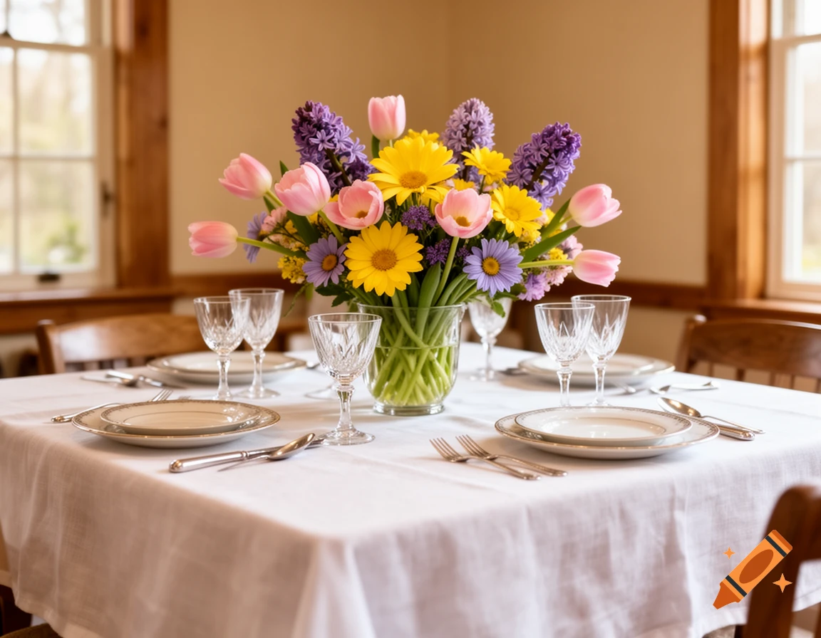 A dining table set with white linen, plates, glasses, and silverware, featuring a vibrant bouquet of pink tulips, yellow daisies, and purple hyacinths.