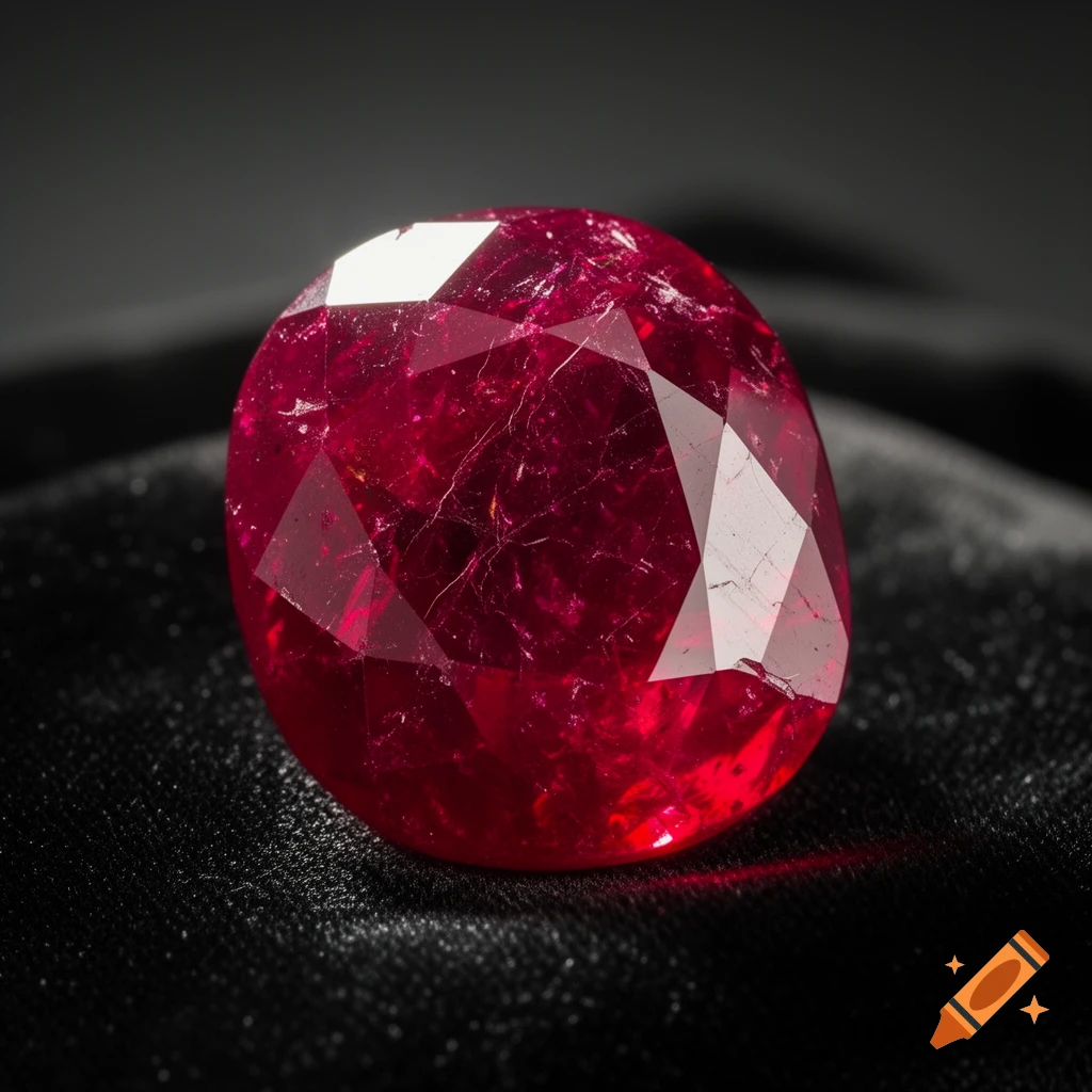 A detailed close-up of a brilliant red ruby gem with numerous facets, resting on a dark, textured cloth.