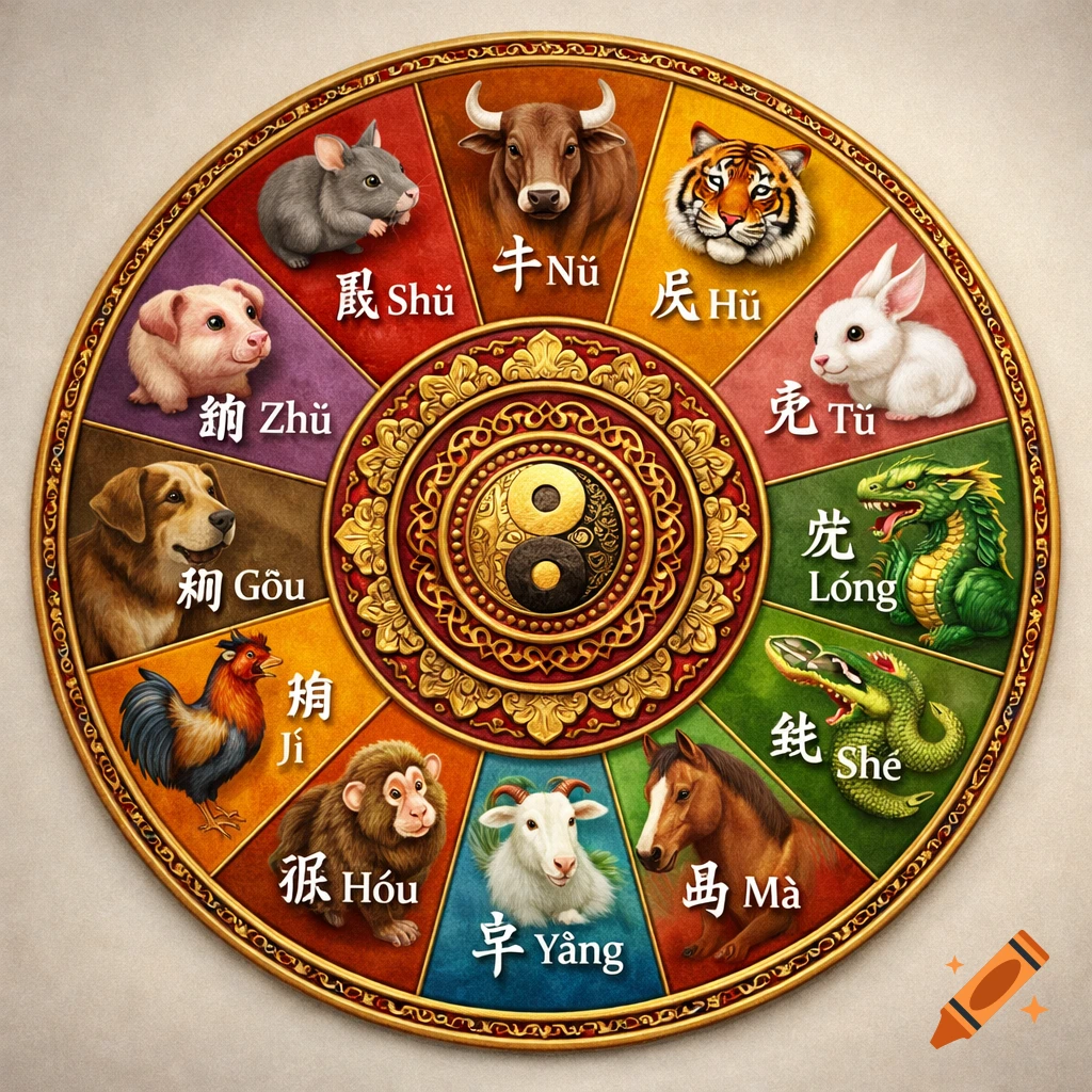 A colorful Chinese zodiac wheel with 12 segments, each displaying an animal, its Chinese character, and pinyin. A golden Yin-Yang symbol is at the center.