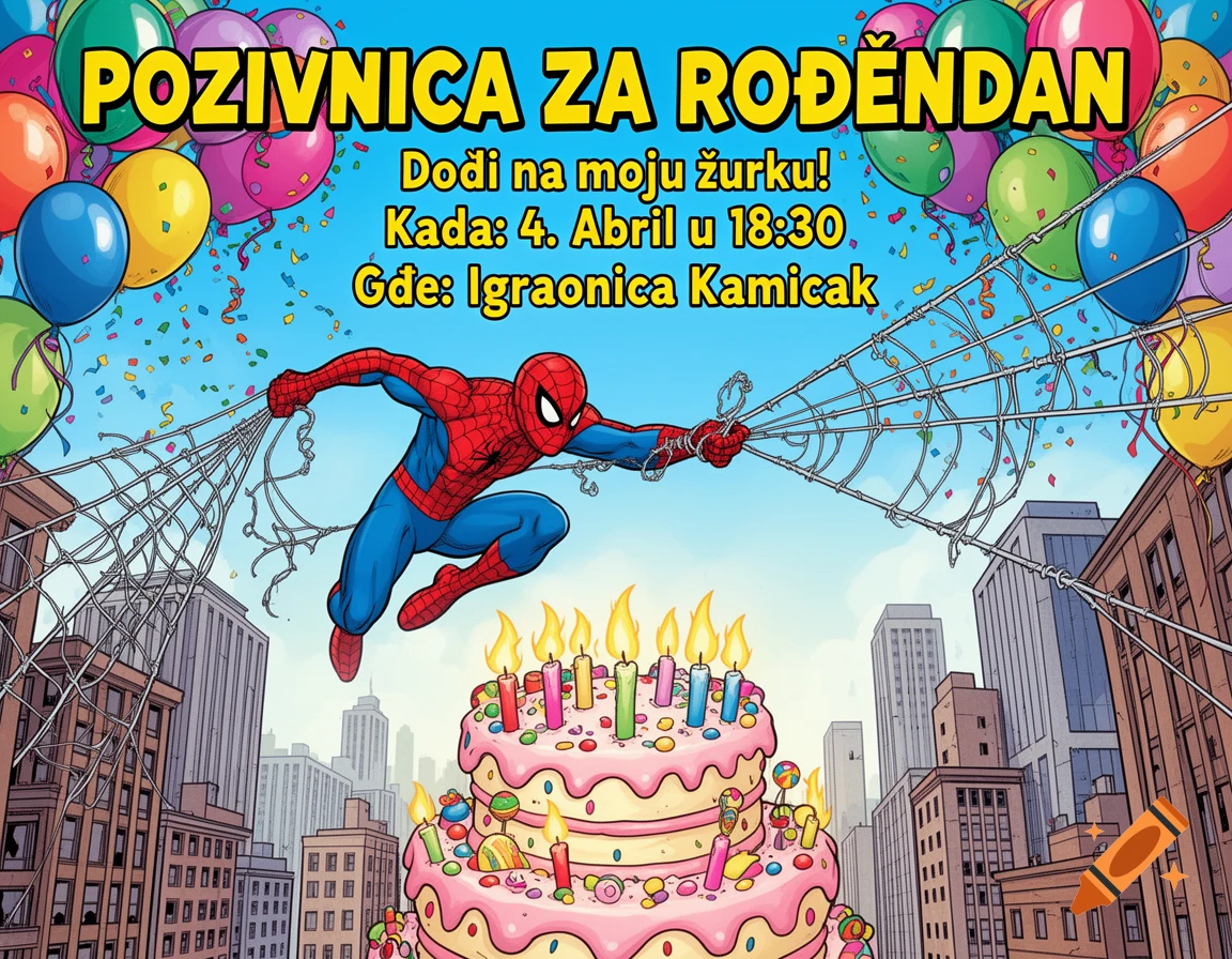 Comic book style Spider-Man swinging above a city with balloons, confetti, and a birthday cake, featuring Serbian invitation text.