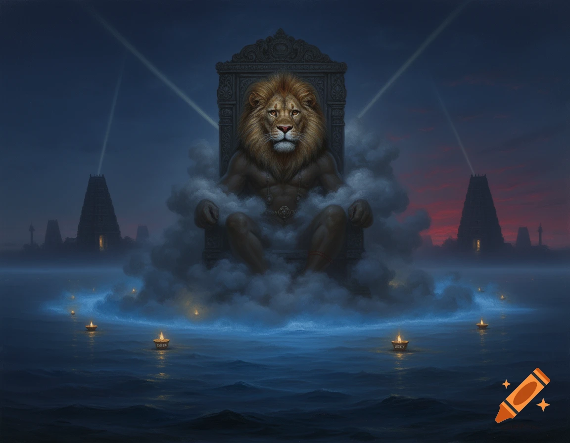A majestic man-lion deity, Narasimha, sits on a carved throne amidst swirling blue fog on a dark ocean, with distant temples under a twilight sky in a painterly fantasy style.