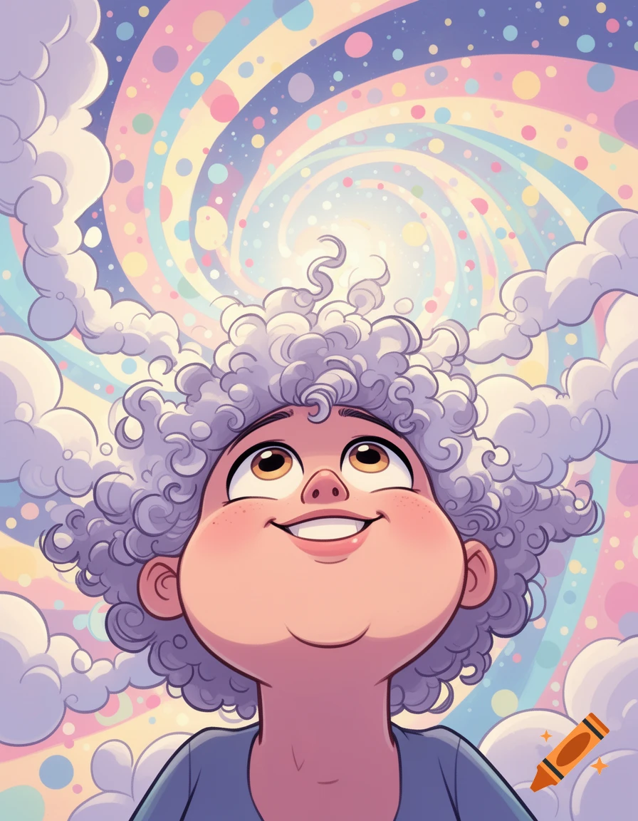 Cartoon lady with curly purple hair looks up smiling, against a pastel rainbow swirl sky with clouds.