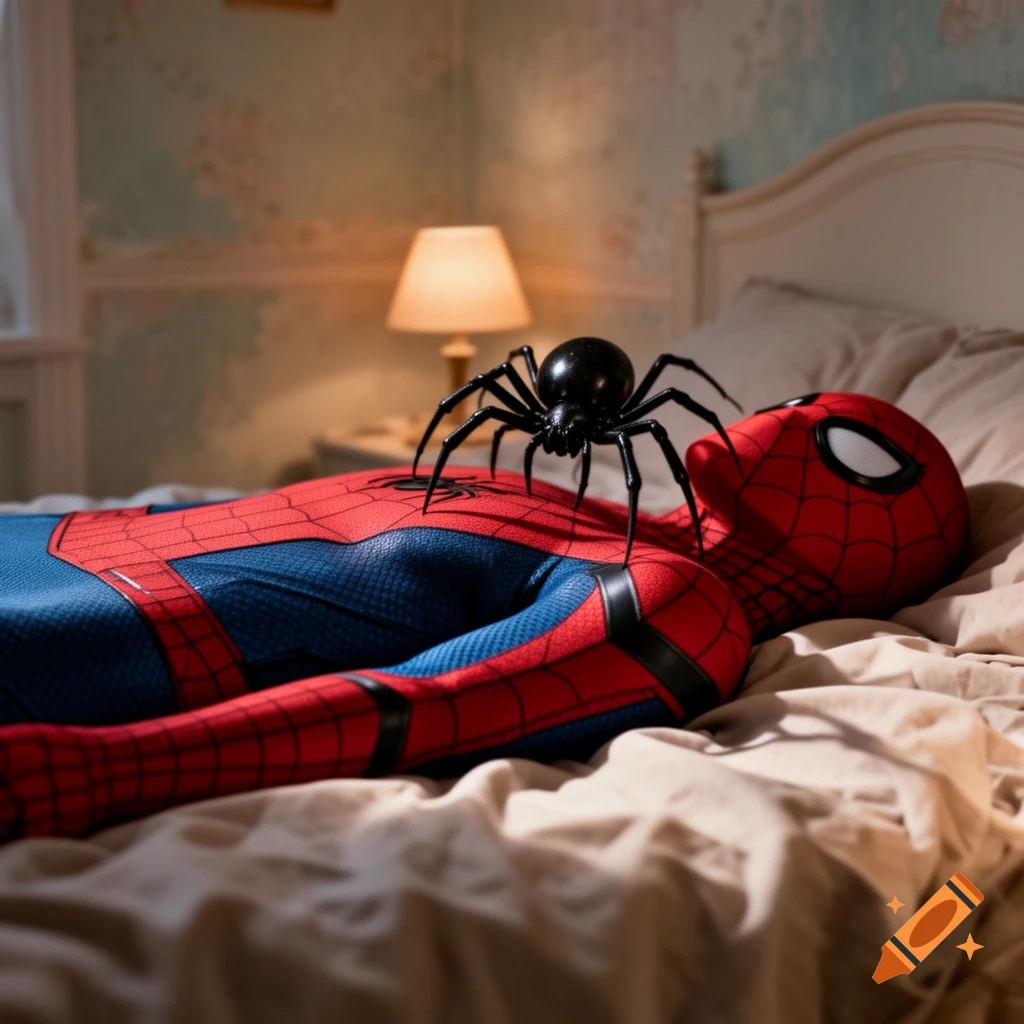 A photorealistic image of a person in a Spider-Man suit lying on a bed, with a large black spider on their chest.