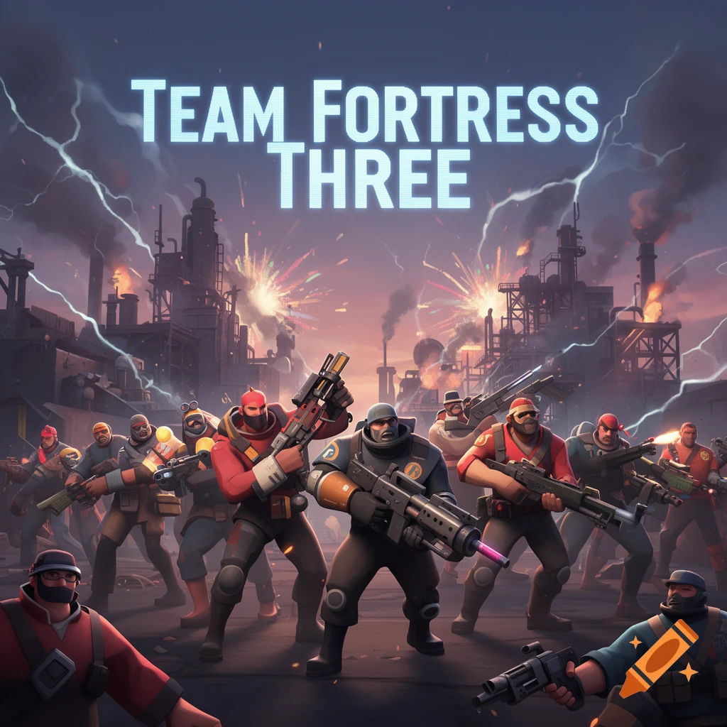 Stylized Team Fortress soldiers with weapons on an industrial battlefield with lightning, explosions, and 'TEAM FORTRESS THREE' text.