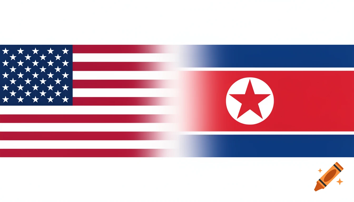 The flags of the USA and North Korea, split down the middle with a fading transition.