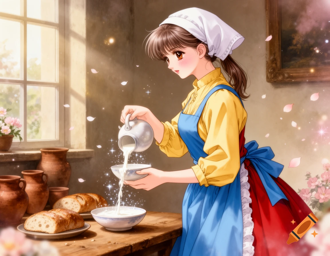 Shojo manga style illustration of a young maid in a yellow blouse and blue apron pouring glowing milk into a bowl on a table with bread and pottery, bathed in soft light.