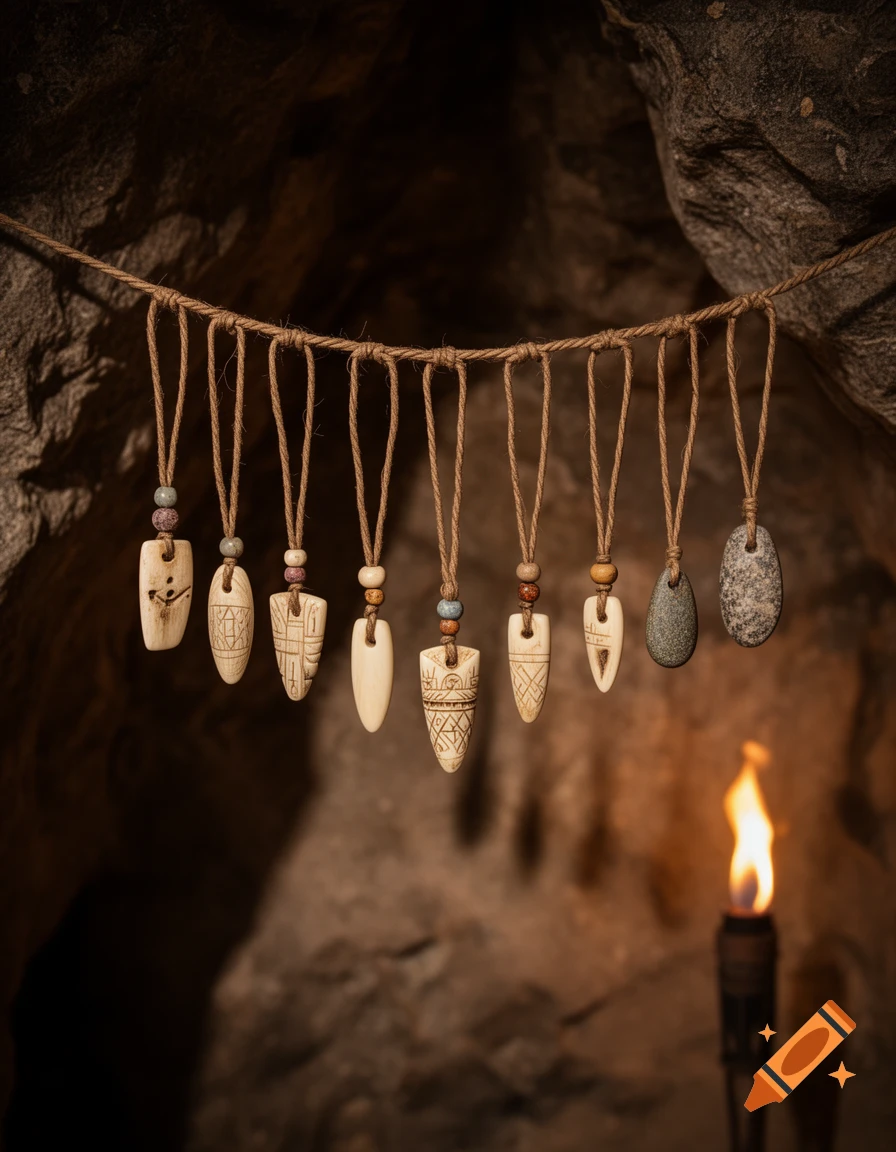 Ten ancient bone and stone pendants hang on a rope in a dimly lit cave, illuminated by a torch.