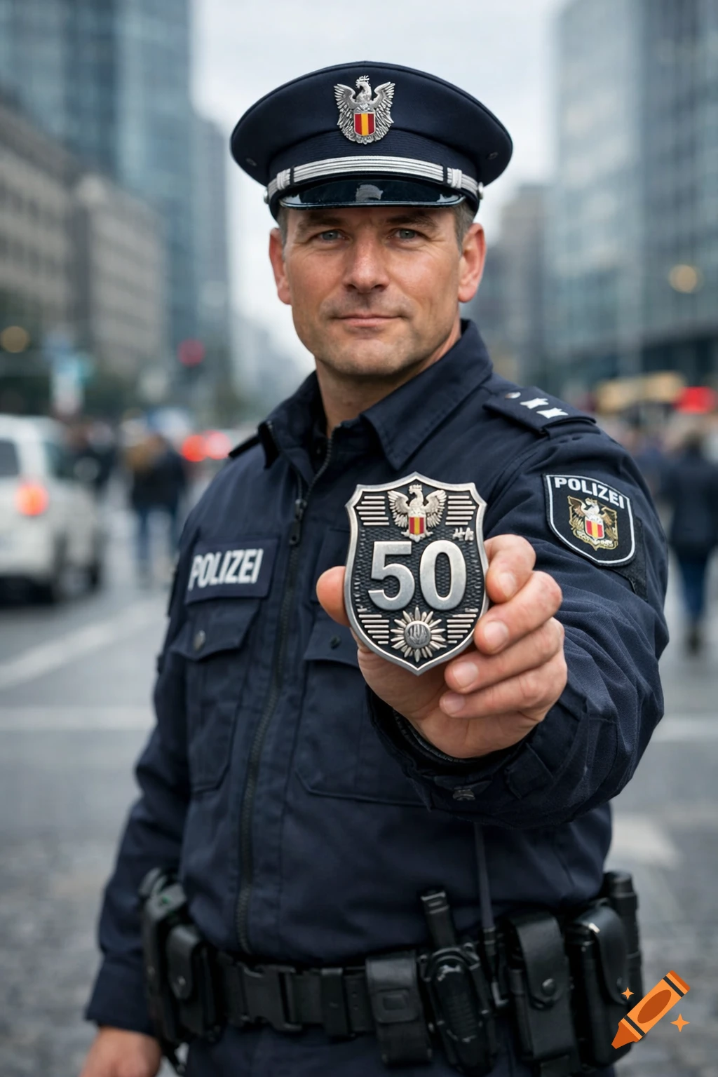 A German police officer in a dark blue uniform and hat, standing on a city street, holds up a silver badge with the number 50.