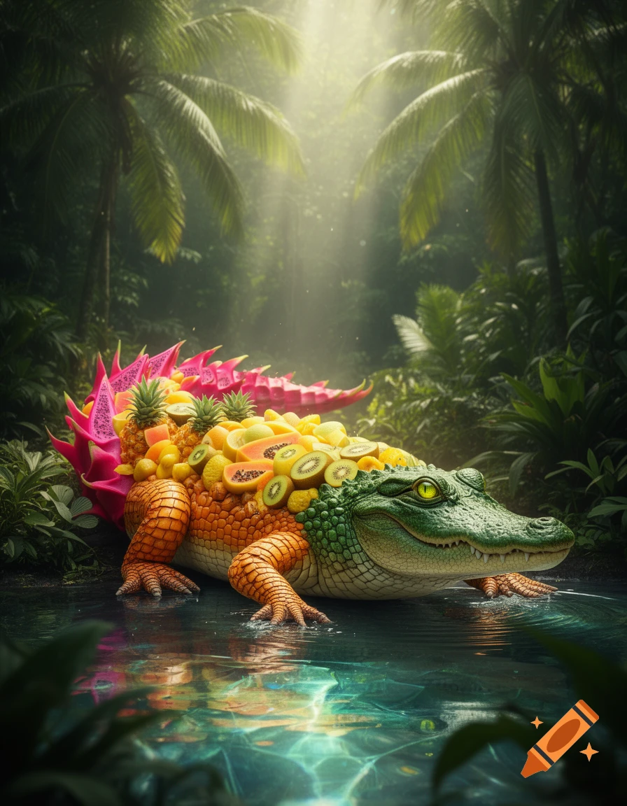 A vibrant fruit-covered crocodile with dragon fruit spikes and tropical fruit skin wades in clear water in a sunny jungle.