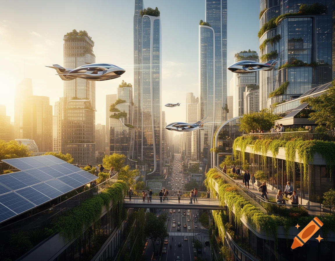 A vibrant, futuristic city with skyscrapers featuring green facades and rooftop solar panels. Flying vehicles hover above a busy street, with pedestrians on elevated walkways. Photorealistic style.