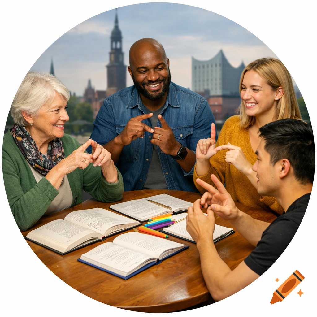 Four diverse people practice sign language around a wooden table with open books, against a blurred Hamburg cityscape.