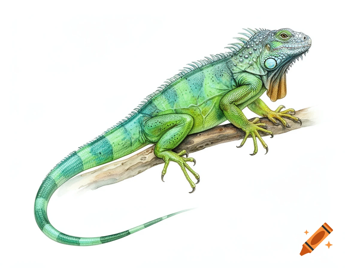 Realistic green and turquoise iguana in a watercolor scientific illustration, standing on a branch, isolated on white.