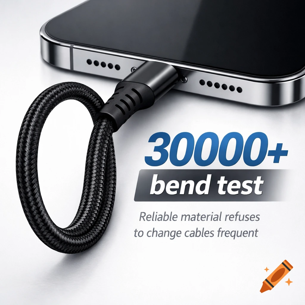 Black braided charging cable plugged into a smartphone, highlighted with text about its 30000+ bend test durability.