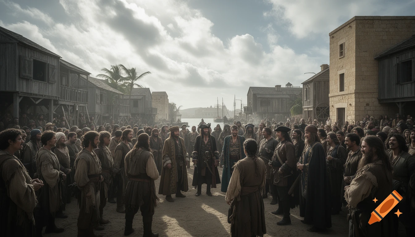 A large crowd of people in period clothing gathers in an old port town with wooden and stone buildings under a cloudy sky.