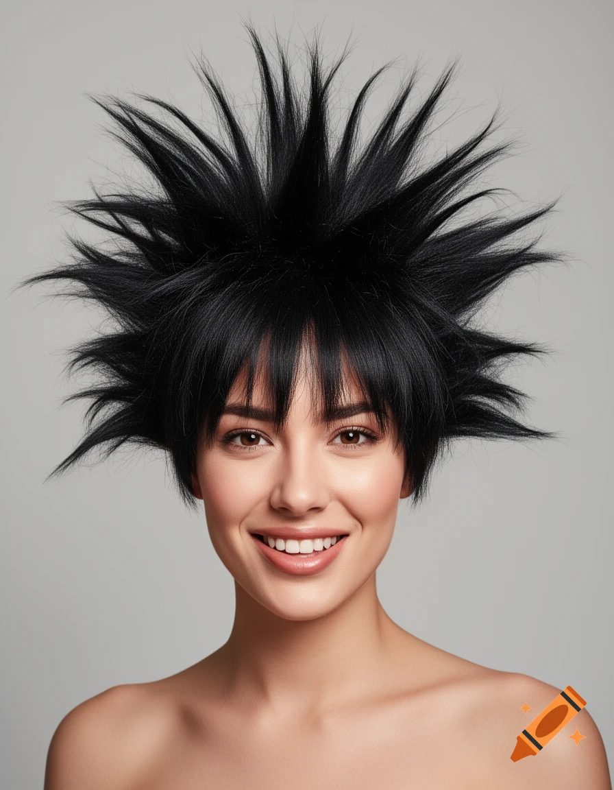 A photorealistic portrait of a smiling woman with voluminous, spiky black hair resembling a Trolls doll, against a grey background.