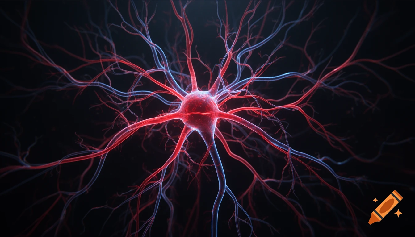 Abstract medical illustration of a glowing neuron or vascular network with red and blue lines on a dark background.
