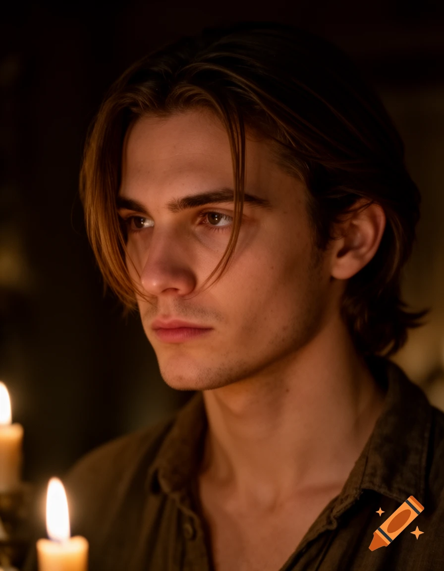 Photorealistic cinematic portrait of a young man with brown hair, illuminated by dim candlelight in a moody setting.